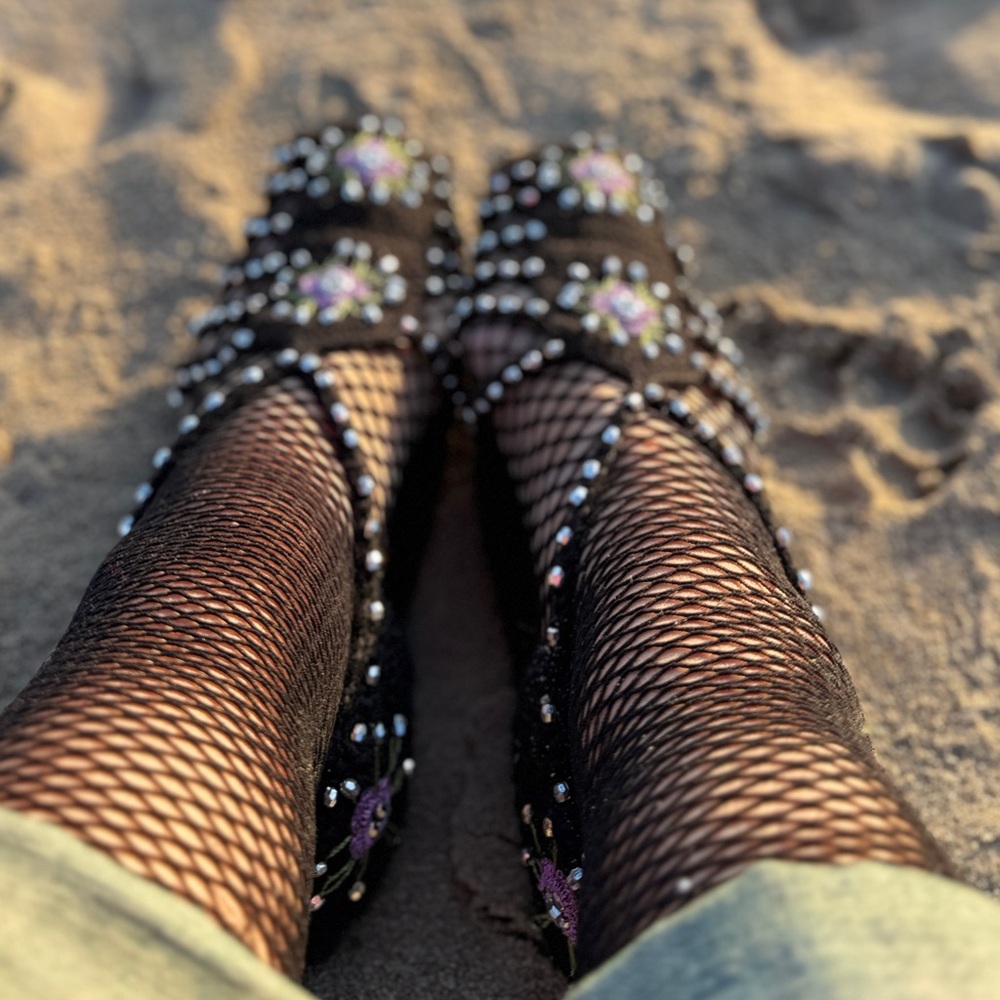 Embellished Black Flats with Purple Accents